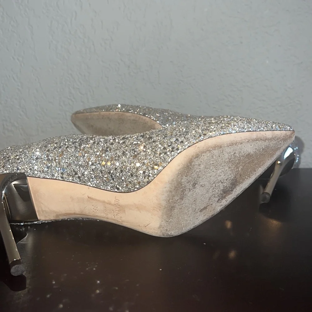 Jimmy Choi Authentic Silver Coarse Glitter Romy 85 Heels - Picture 8 of 9